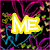 Pixelated text 'ME' in yellow with white outline on dark abstract background, surrounded by pink and blue lines.