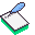 Pixelated animation of a blue quill pen interacting with white paper on green base, showing sequential writing and page-turning actions.