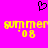 Pixelated yellow text 'summer 08' on bright pink background with black heart symbol above, two identical side-by-side versions of the same design.