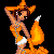 Pixelated character in orange outfit with fox ears and tail, holding a white object against black background.