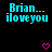 Pixelated cyan text "Brian... iloveyou" repeats across a black background with pink heart symbols in a , some hearts animate as solid or outlined