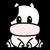 Pixelated white cow with black eyes, pink nose, and small horns against a solid black background.
