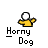 Pixelated character in yellow shirt with white head, brown dog-like shape moving across body, text "Horny Dog" below, gray background.