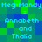 Pixelated text displays 'Meg+Mandy = Annabeth and Thalia' in cyan on a green-blue pixel background
