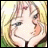 Pixelated anime-style character with blonde hair and closed eyes rests chin on hands against green background, next to black with white text