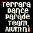 Pixelated text reads 'terraga dance parade team. Alumni' with red star accents on black background, displayed in a of repeated identical