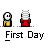 Pixel art animation of two figures with speech bubbles and changing poses against a gray background, labeled "First Day" under each frame.