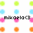 Pixelated grid of colored circles with black text reading 'mikaela<3' in the center, arranged on a white background.