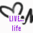 Animated icon with four text sections: purple "LINE... life", green "LAUGH... hard", red "LOVE... much" over a heart outline.