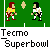 Pixel art of two figures on a green field with a beige ball, below which text reads "Tecmo Superbowl" in pixelated font.