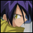 Pixelated anime-style character with purple hair and yellow eyes, wearing a yellow garment, next to black background with white text.