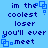 Blue background with dark blue pixelated text reading "im the coolest loser you'll ever meet" and small blue square icons scattered around.