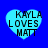 Four light blue heart-shaped icons with black text "KAYLA LOVES MATT" on a solid dark blue background, arranged in a