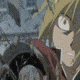 Animated sequence of a character with spiky blonde hair and red shoulder accents, showing subtle facial expression shifts against a blurred background.