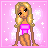 Pixel art of a blonde woman in a pink top and brown shorts kneeling on a pink background with white stars and hearts.