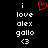 A black background displays white text reading "i love alex gallo <3" with a red pixelated heart symbol above the text.