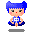 Pixel art contact sheet of a blue-haired cartoon character in six animated frames showing facial expressions and mouth positions against gray background.