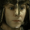 character portraits with helmeted headgear, each displaying distinct facial expressions and overlaid text phrases in white or red font