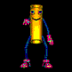 Animated yellow cylindrical character with blue limbs and pink roller skates in multiple poses against black background.