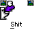 Animated sequence showing a purple figure interacting with a white toilet, transitioning to blue oval shapes containing brown objects.