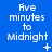 Blue background with white text reading 'Five minutes to Midnight' and small animated symbols changing across three