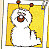Pixelated yellow banner with brown tassels, white central area, and brown circular emblem with white center.