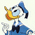 Pixelated cartoon duck with yellow beak, blue hat, and blue suit, holding a white object against a light background.