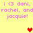 Yellow background with pink text repeating 'i <3 dani, rachel, andrachel, and jacquie!' and red/orange pixel hearts.