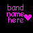 Pixelated pink text 'band name here' with a heart symbol on black background, showing animation changes in the heart's fill and outline.