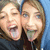 Two people with light brown hair and blue eyes in a of six , some showing text overlays