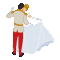 Animated sequence of two figures dancing in a stylized pixel art style, showing sequential poses from side to front to embrace.