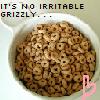 A static image shows a white bowl filled with brown cereal rings, with text above reading "IT'S NO IRRITABLE GRIZZLY..." in pixelated black letters.