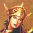 Pixelated static image of a person with light brown hair wearing a golden crown, holding a sword-like object, against a warm-toned background.