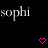 A black background displays four instances of the text 'sophi' in light gray serif font, with pink pixelated heart symbols animating below and to the right of each instance.
