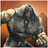 Pixelated figure in dark armor with helmet, holding a large weapon, set against warm orange and brown background.
