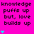 A bright pink background displays repeated black text 'knowledge puffs up but, love builds up' with cyan heart symbols appearing in different positions across frames.