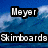 A digital image with blue ocean waves and white foam, featuring pixelated text overlays reading 'Meyer', 'Skimboards', 'Summer', and '2008' in black rectangular backgrounds.