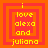 Four identical pixelated squares with orange and red borders display yellow text reading 'i love alexa and juliana' on a solid background.