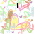 Animated icon with a girl in yellow dress and brown hair, surrounded by colorful abstract shapes; text changes from 'i' to 'LOvE' to 'jAmeS <3'