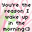 Pixelated text reads 'You're the reason I wake up in the morning<3' over a pink and green pixelated background.
