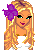 Pixel art of a blonde woman with green eyes, purple flower in hair, white top, purple skirt, and brown legs, with text below reading 'Is you're heart still mine?'
