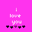 Pixelated text 'i love you' on bright pink background with five black and purple heart symbols below.