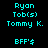 Pixelated cyan text on split black and green backgrounds with yellow section, displaying names and 'BFF's' in two distinct layouts.