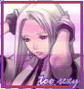 A stylized anime-style character with pale skin and silver hair in a high ponytail, wearing a black and purple outfit with intricate patterns, shown in multiple cropped views against a light purple background.