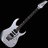 Pixelated electric guitar icon with white body and dark neck against black background, angled diagonally from bottom-left to top-right.