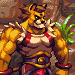 Pixel art of a muscular anthropomorphic cheetah with orange-brown fur, black stripes, and red straps on its chest, standing in front of rocky terrain with green foliage.