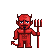 Pixelated red devil figure with dark brown horns, tail, and pitchfork against gray background.