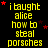 Yellow text on black background reads "i taught alice how to steal porsches" with red stars scattered across the image, some appearing in different positions between observations.