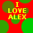 Red background with green circles and yellow text reading "I LOVE ALEX" in four identical quadrants.