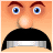 Pixelated cartoon face with large blue eyes, thick red eyebrows, a prominent nose, and black hair with a white stripe against an orange background.